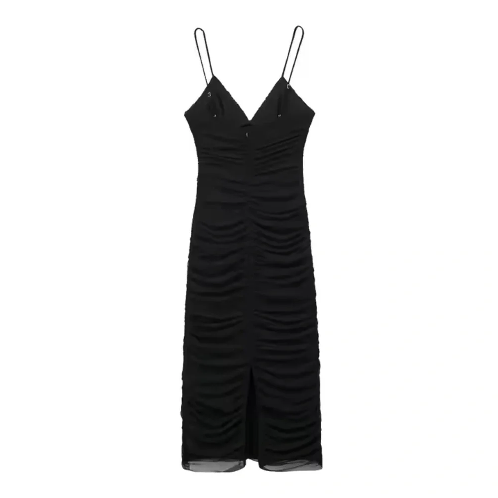 Black Ruched Midi Dress with Back Slit - Picture 6 of 6